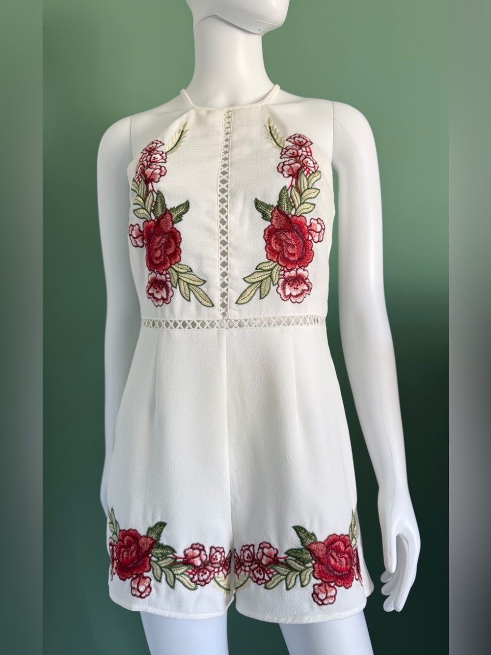 She + Sky White Embroidered Floral Halter Romper
